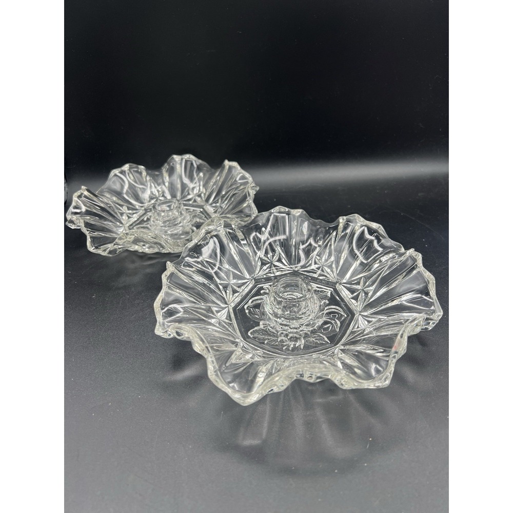 Vintage Federal Glass "Pioneer Clear" Taper Candle Bowl 2 Piece‎